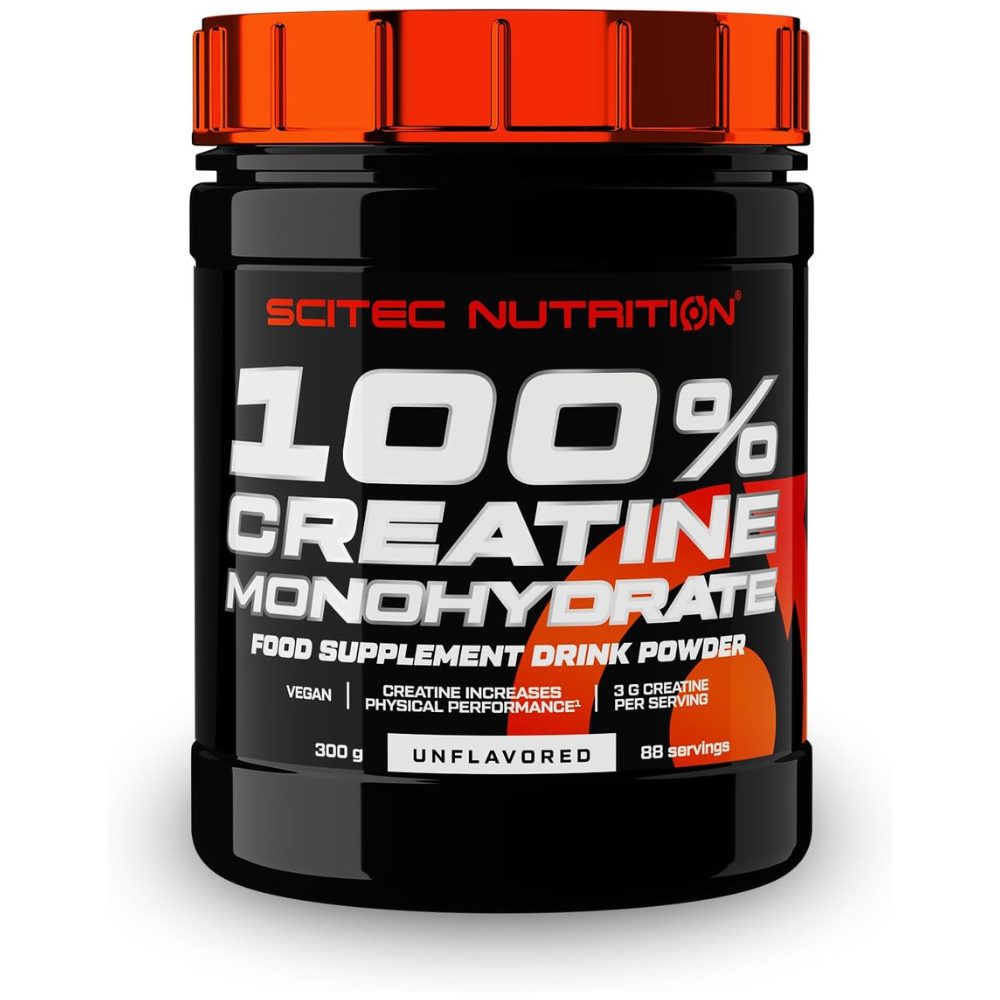 Envase de Creatina Monohidrato Scitec Nutrition 100%, suplemento deportivo en polvo de 300g