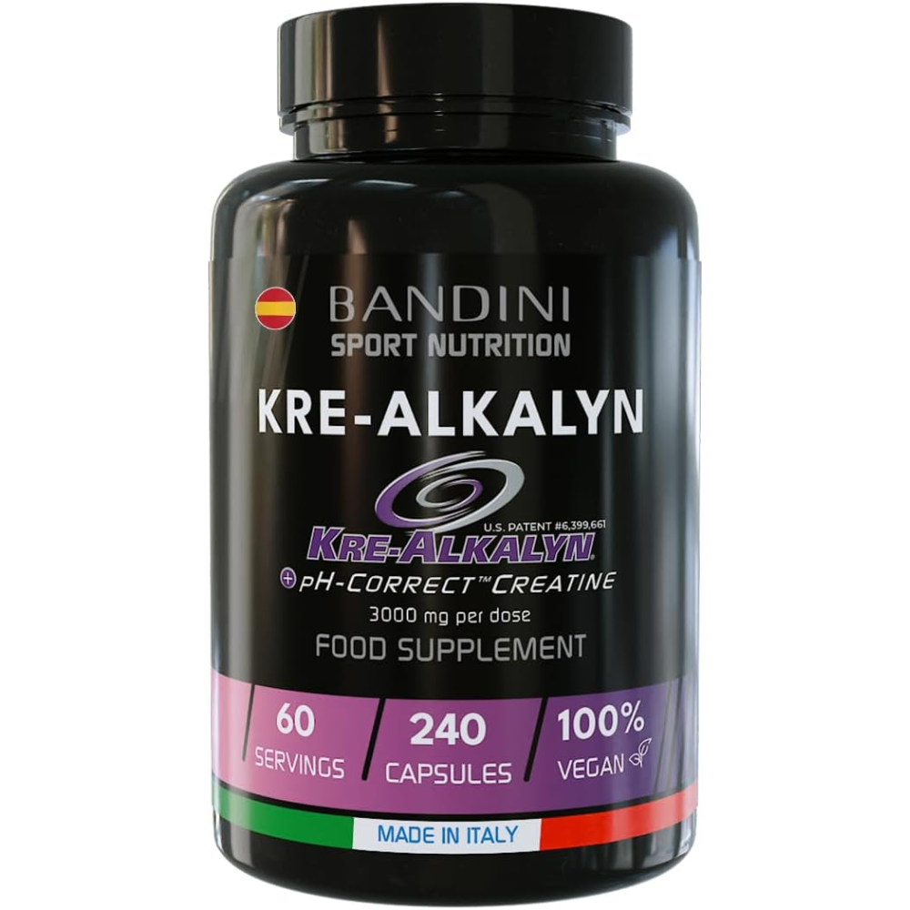 Bandini® Creatina Alcalina Kre-Alkalyn® 240 cápsulas veganas - para Entrenamiento, Deporte, Gimnasio y Pre Entrenamiento - Para Aumentar Masa Muscular